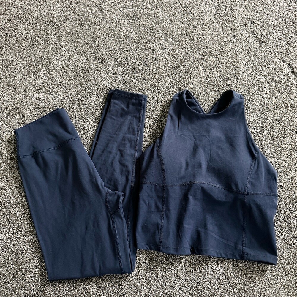 Kamo Fitness Activewear Set Womens Navy High Neck Crop Top S Leggings M